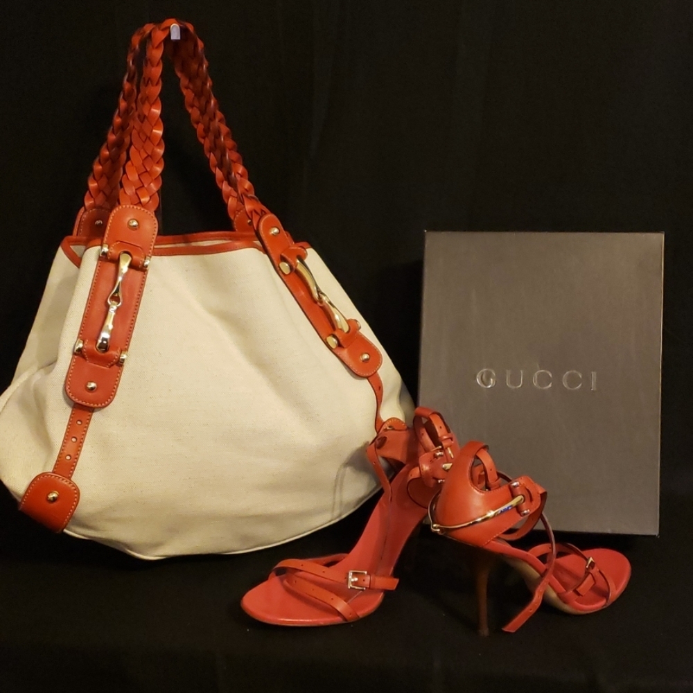 Authentic Gucci Canvas Handbag w/Gucci Heels